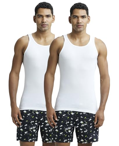 Jockey 8823 Mens Super Combed Cotton Rib Round Neck Sleeveless Vest with Stay Fresh Properties (Pack of 2)_White_M