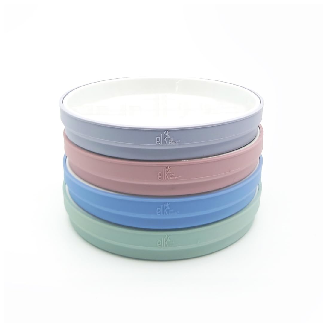 Elk and Friends Kids 7.8    Porcelain White Plates with Silicone Sleeves | Suitable for Babies/Toddlers | Microwave & Dishwasher
