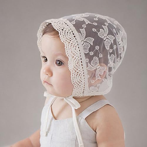 Lace Hat Infant Baby Girl Bonnet Bow Eyelet Lace Cotton Hat, Newborn Girl Cap Summer Hat Toddler Bucket Sun Hat, Ivory Sun Prote