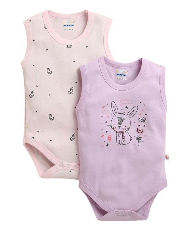 BUMZEE Baby Girls Cotton Sleeveless Graphic Print Bodysuit Pack of 2 Lilac & Pink  New Born (Peb11211Alic)