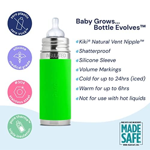 Pura Kiki 7Oz/200Ml Stainless Steel Insulated Anti-Colic Infant Bottle W/Silicone Medium-Flow Nipple & Sleeve, 100% Plastic-Free