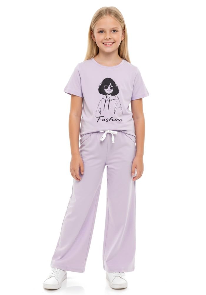 WEET Girls Printed Round Neck Printed TShirt and Palazo Pant | Top & Pajama Set 003 (Lavender, 1112 Y)