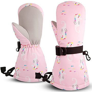 Bavst Winter Kids Waterproof Gloves For Boys Girls Snow Ski Toddler Baby Mittens Outdoor For Infant Teens 1-5T (N-Pink Sea Horse
