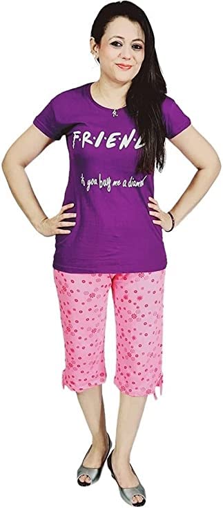 MUKHAKSH (Pack of 1 Sets = 1 Tops + 1 Capris Girls Printed Roatary Night Suit Tops + Capris 3/4, Print May Varyvery Comfortale M