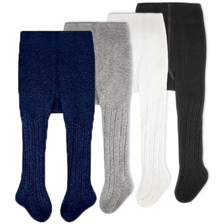 Cozyway Cable Knit Cotton Leggings/Tights For Baby Girls, 4 Pack, White/Black/Gray/Navy Blue, 6-12 Months Old