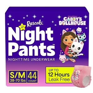Rascals + Friends Night Pants, Absorbent Girls Nighttime Bedwetting Underwear, Gabbys~Dollhouse, (38-70 lbs), (S/M, 44 Count)