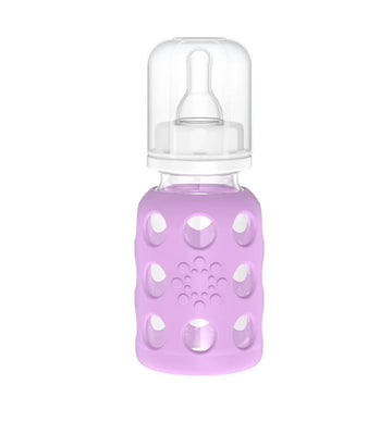 Lifefactory 4-Ounce BPA-Free Glass Baby Bottle with Protective Silicone Sleeve and Stage 1 Nipple, Lilac
