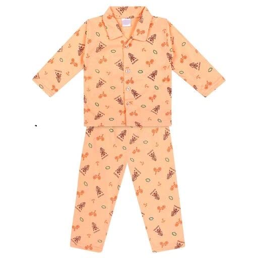 Bornlov Cotton Night Suit |Printed| Collared Neck| Full Sleeves for Unisex Kids Orange