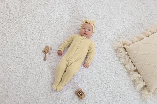 Guisby Footed Long Sleeve Baby Pajamas With Zipper Cotton Infant Sleepers Light Grey+Apricot 3-6 Months