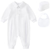 Pureborn Baby Boys Baptism Outfits Long Sleeve Jumpsuit With Bonnet 3 Pcs Spring Fall Cotton Christening Clothing White 0-3 Mont