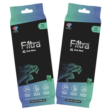 Filtra Xl Body Wipes | Extra Large & Thick Full Body Wipes | Pack Of 10 Single Sachets Wipes | Shower In A Sachet | Suited For G