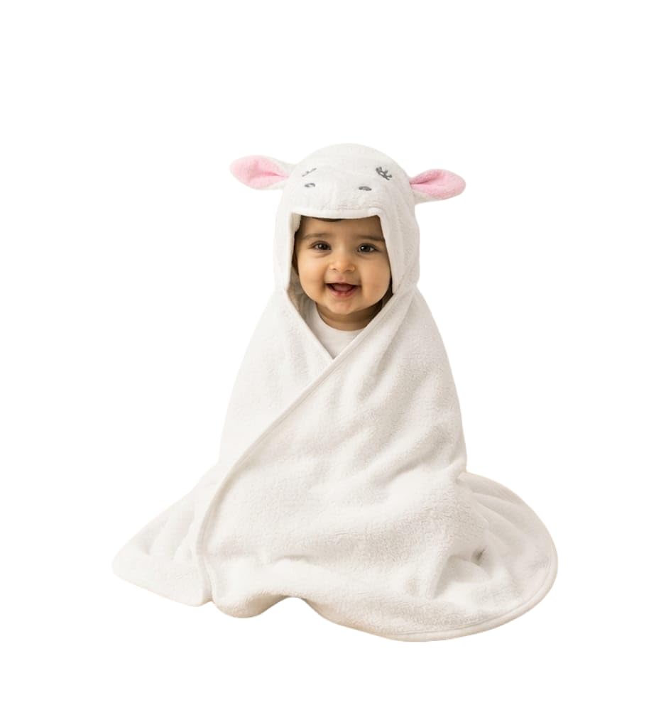 Babyholic Bear Hooded Baby Bath Towel, Plush Wraparound Drying Cape with 3D Ears for Newborns and Infants, White