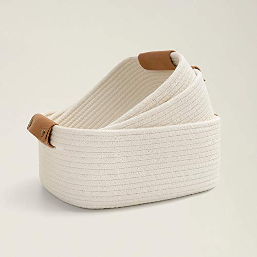 Chicvita 3 Pack Rectangle Cotton Rope Woven Basket With Handles For Books, Magazines, Toys - Ideal Gift Decorative Basket For Ba