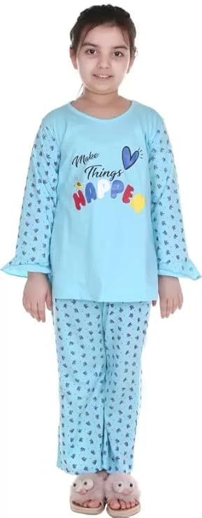 Bornlov Soft Comfrtable Cotton Blend Night Suit for Baby Girls (Blue) (23Years)