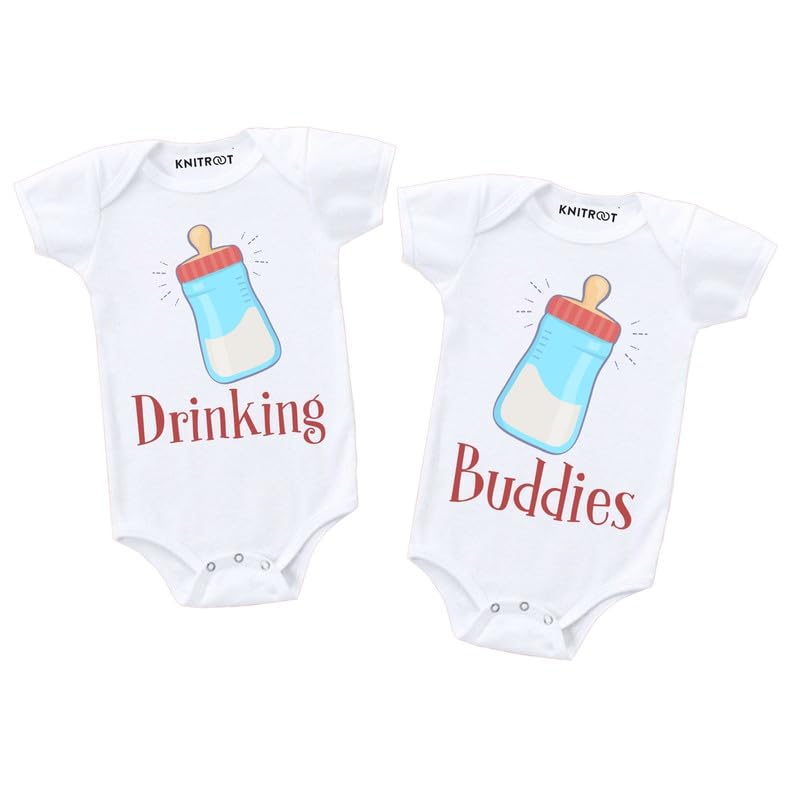 Knitroot Twin Romper, Unisex Baby Kids Twin Onesies, Half Sleeve Bottom Snap Button, White Cotton Bodysuit, Sleepsuit, Buddies D