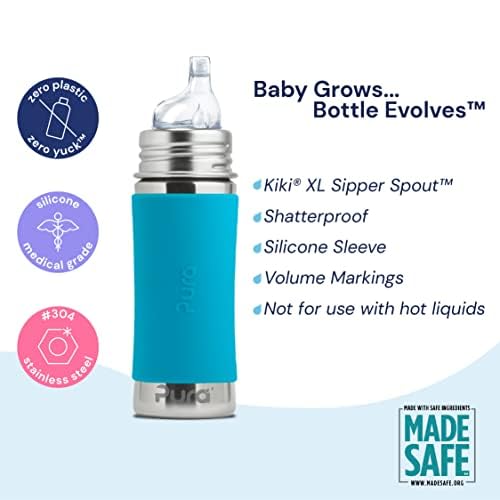 Pura Kiki 9Oz/260Ml Stainless Steel Insulated Sippy Bottle W/Sleeve, Plastic-Free, Madesafe Certified, Medical-Grade Silicone Si
