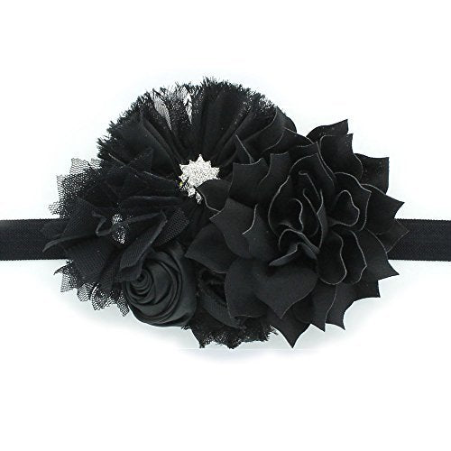 My Lello Headband Shabby Fabric Flower Cluster Baby - Infant - Toddler - Girl Stretchy Elastic Black
