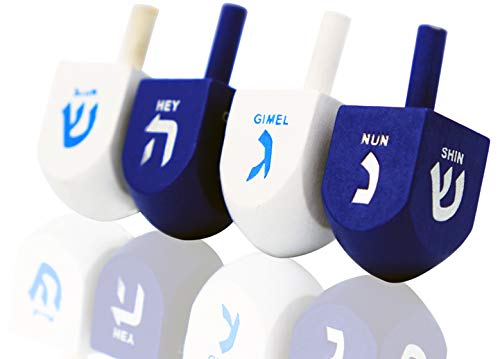 The Dreidel Company 10 Solid Blue & White Hand Painted Wooden Hanukkah Dreidels With English Transliteration - Includes Detailed
