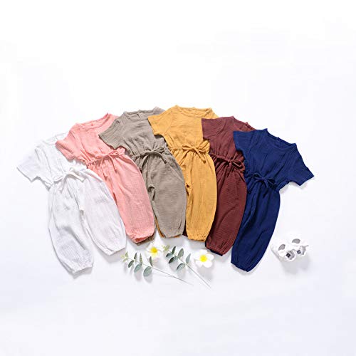 Mubineo Toddler Baby Girl Summer Fall Basic Plain Short Sleeve Cotton Linen Drawstring Romper Jumpsuit (Peach Pink, 4-5T)