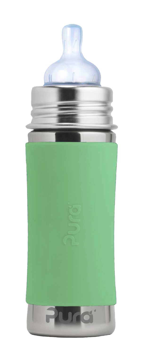Pura Kiki 9oz/275ml Stainless Steel Infant Bottle w/Sleeve, Anti-Colic, Medical-Grade Silicone, Medium-Flow Nipple, for Babies 3