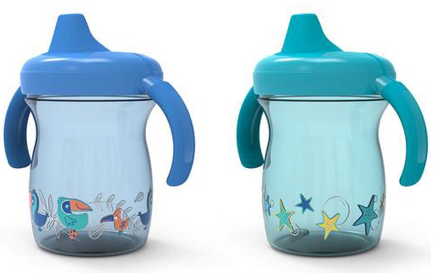 NUK First Essentials Fun Grips Soft Spout Trainer Cup, 7 oz. (2 Count (Pack of 1), Blue&Green)