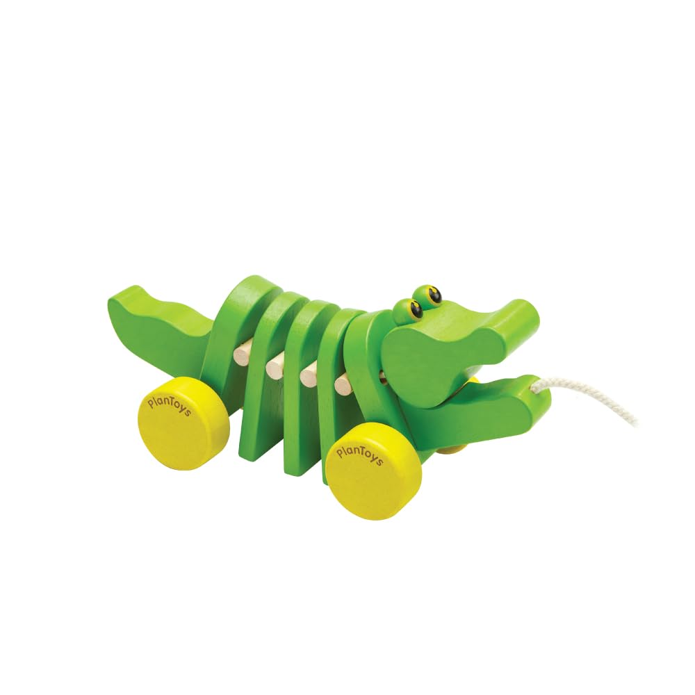 PlanToys Dancing Alligator Pull Toy for Toddlers | Eco-Friendly Wood Toy with Click-Clack Sound | Walking Toy for Babies