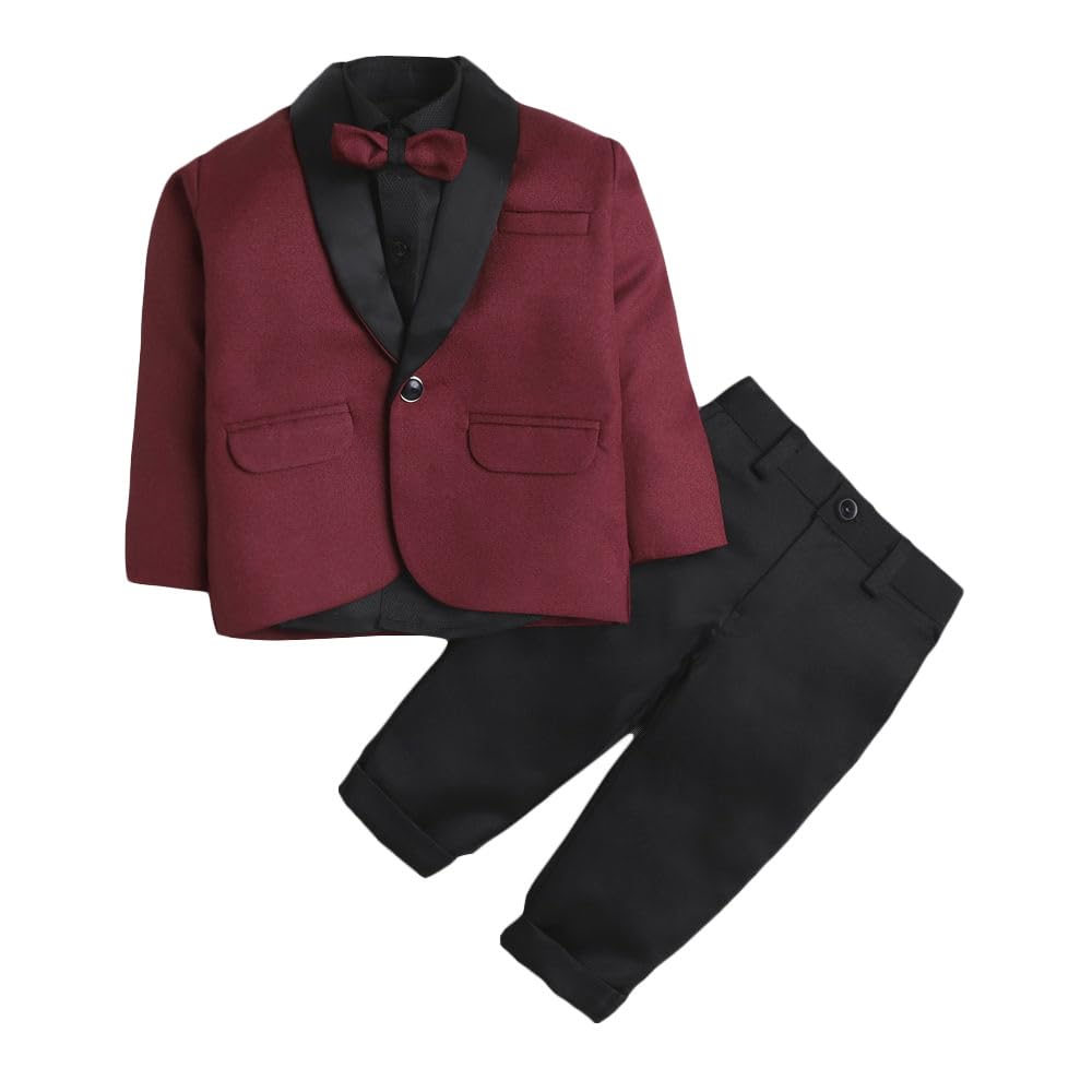 Hopscotch Cotton Blend Boys Mroon Solid Blazer, Shirt Pant Formal Set With Bow In Black Color For Ages 67 Years (Lhs4697274)