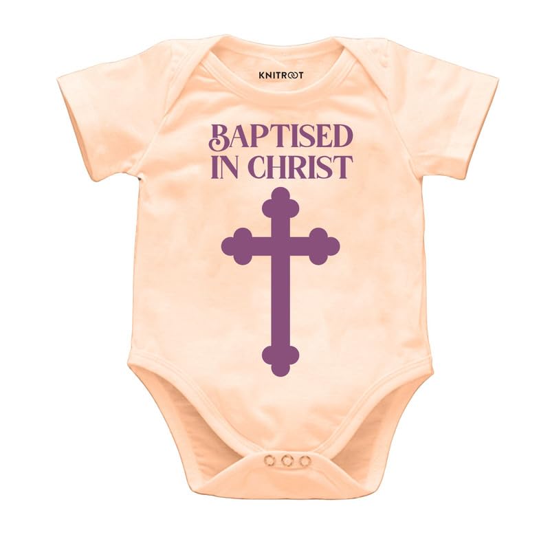 Knitroot Baptism Special, Baptised In Christ, Onesies, Unisex Baby Kids Cotton Lycra Half Sleeve Peach Rompers, Sleepsuit, Bodys
