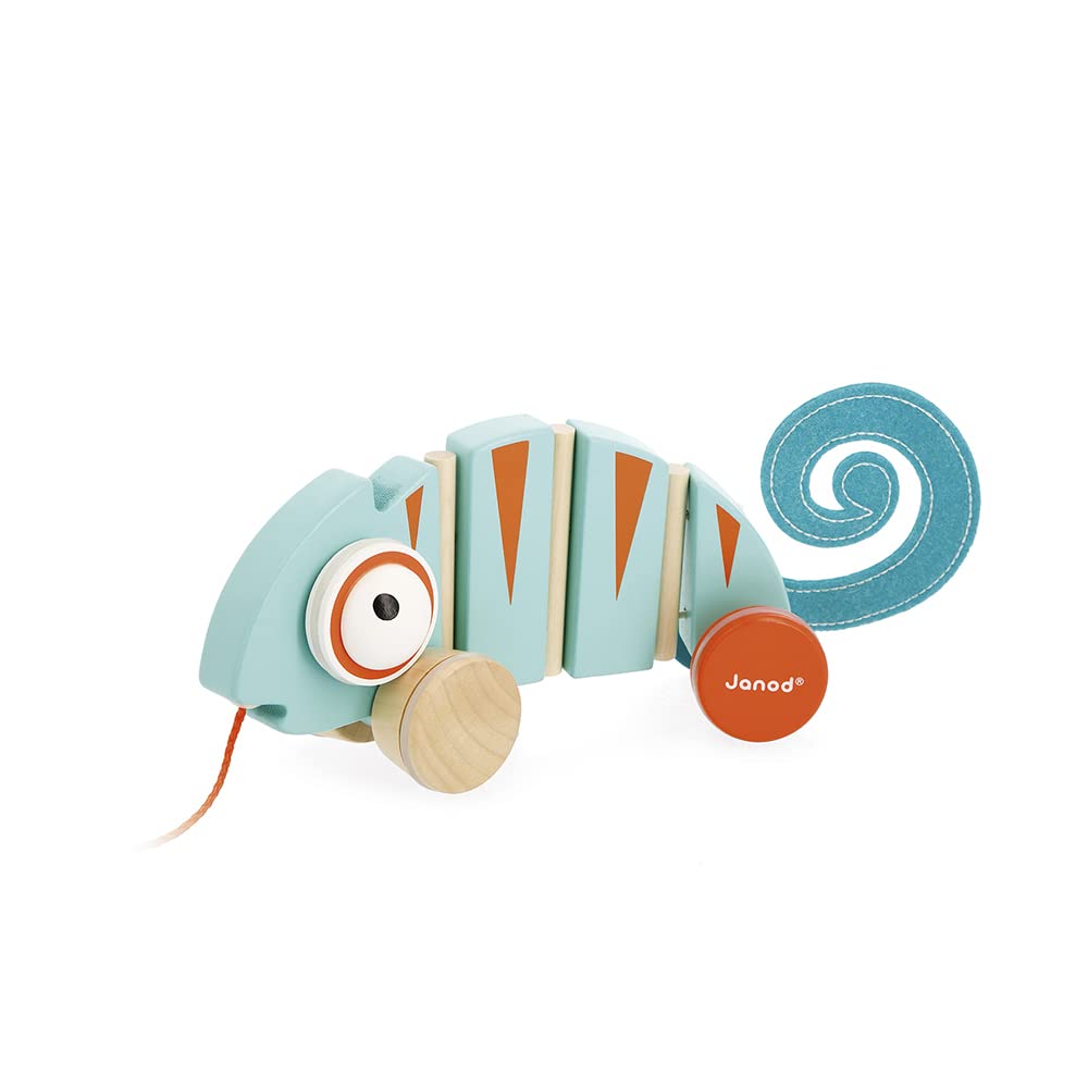Janod - Tropik Pull-Along Chameleon - Wooden Early-Learning Toy - Silent Wheels - Educational Walking and Balancing Toy - Water-