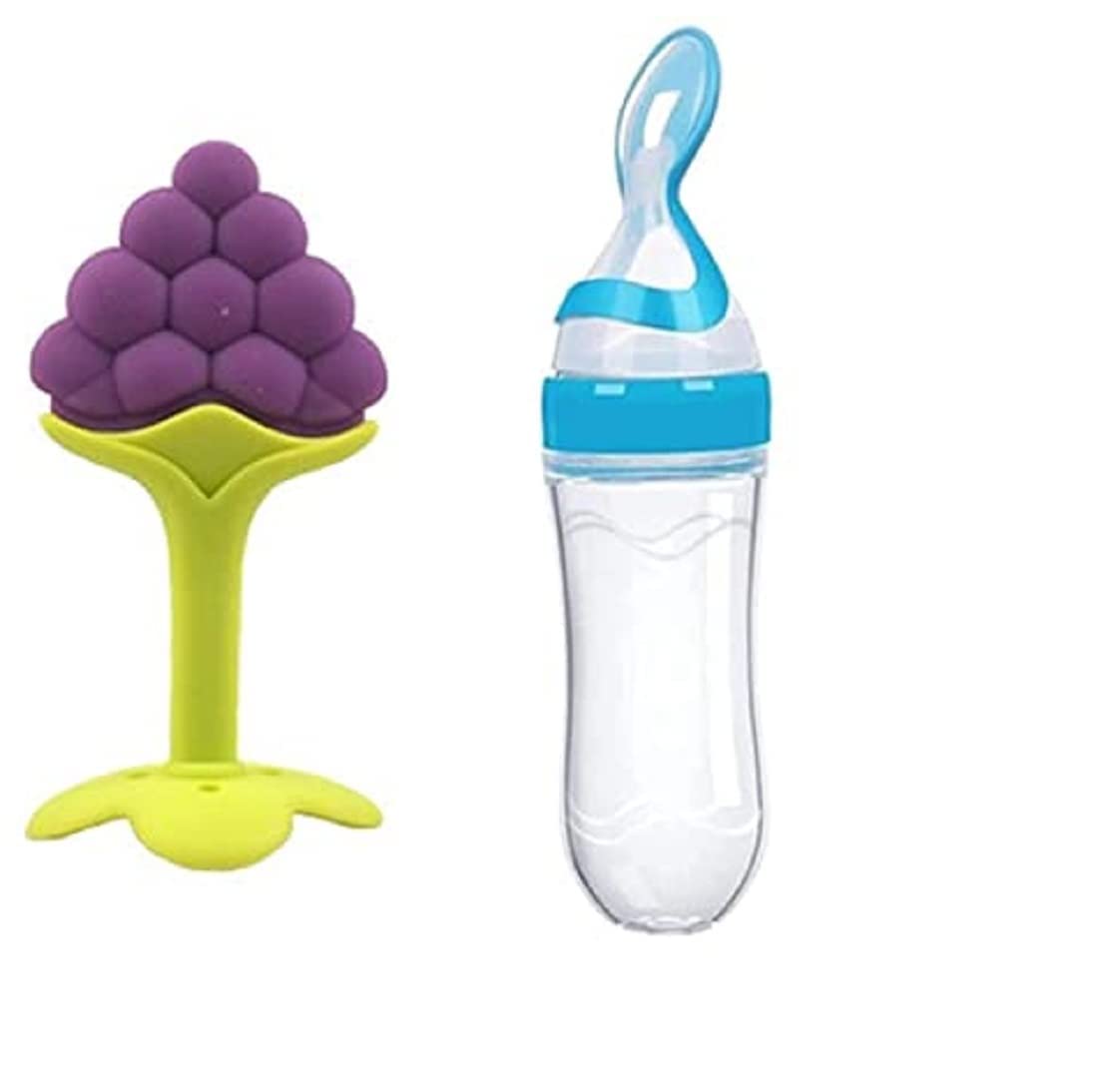 Babygo Silicone Squeeze Feeder & Food Dispensing Spoon Combo | Easy Grip Infant Feeding Bottle With Fruit Pacifier Nibbler & Bab