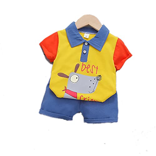 Bold N Elegant Dog Cartoon Print Cotton Half Sleeve Tricolor Polo Tshirt With Shorts For Baby Boy Kids Clothes (Yellow  Blue, 6