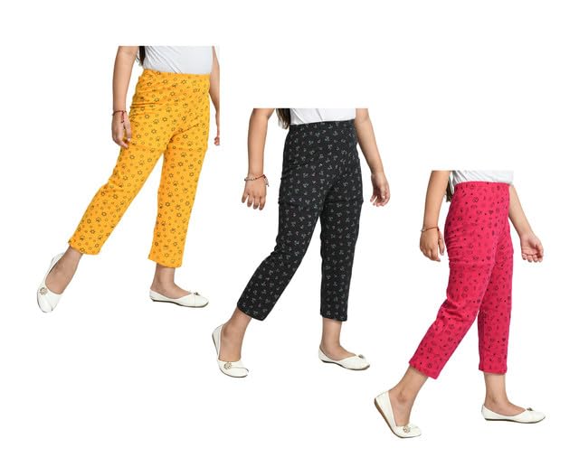 Girls Soft Cotton Allover Printed Pyjamas Lower for Summer (Pack of 3) Yellow::Dark Grey::Magenta