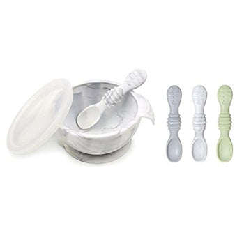 Bumkins Baby Bowl, Silicone Feeding Set With Suction For Baby And Toddler, Includes 4 Spoons And Lid, First Feeding Set, Trainin