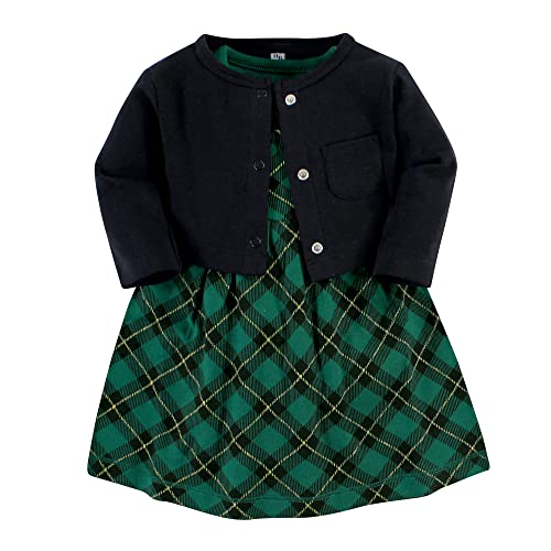 Hudson Baby Baby Girls Cotton Dress And Cardigan Set, Forest Green Plaid, 3-6 Months