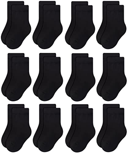 Rative 12-Pack Cotton Crew Socks For Unisex Baby Infant Toddler Kids Boys Girls(3-5T,12-Pairs/Black)