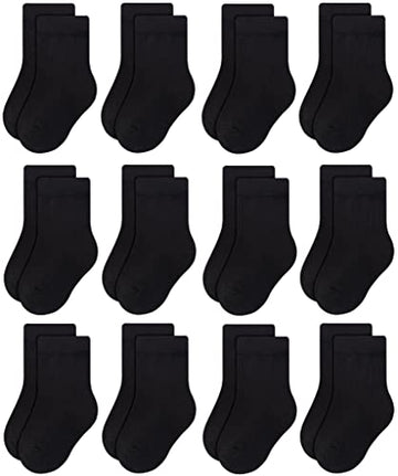 Rative 12-Pack Cotton Crew Socks For Unisex Baby Infant Toddler Kids Boys Girls(3-5T,12-Pairs/Black)