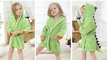 C-Young Kids Bath Robe Toddler Cotton Towel Animal Dinosaur Hooded Bathrobe, Green, S Size For 1-3 Ages Baby