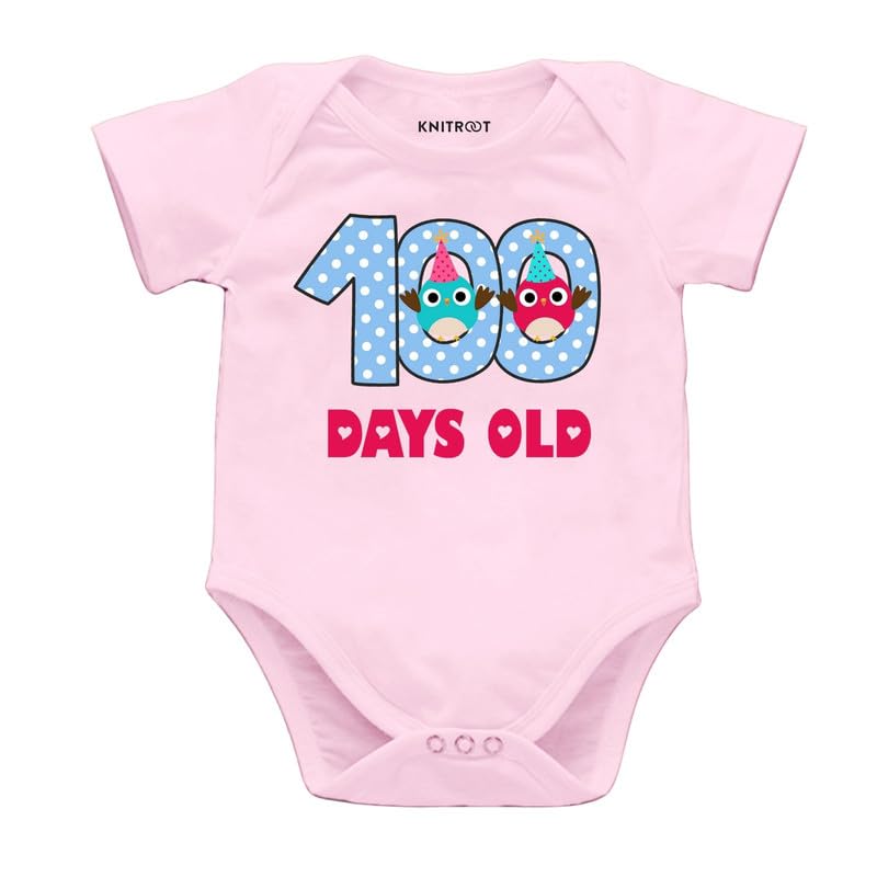 Knitroot New Born Theme, 100 Days Old, Onesies, Unisex Baby Kids Half Sleeve Cotton Lycra Pink Romper, Sleepsuit, Bodysuit, 36 