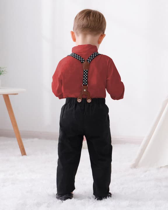 Disaur Toddler Boy Wedding Outfits White Leaf Dress Shirt Bow Tie Suspender Black Pants Baptism Outfits For Boys 12 Months 1T 18
