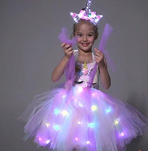 Shinyou Girls Unicorn Costume Dress Up Led Light Up Unicorn Tutu Birthday Outfit For Halloween Birthday Gift (Rainbow, 5-6Y)