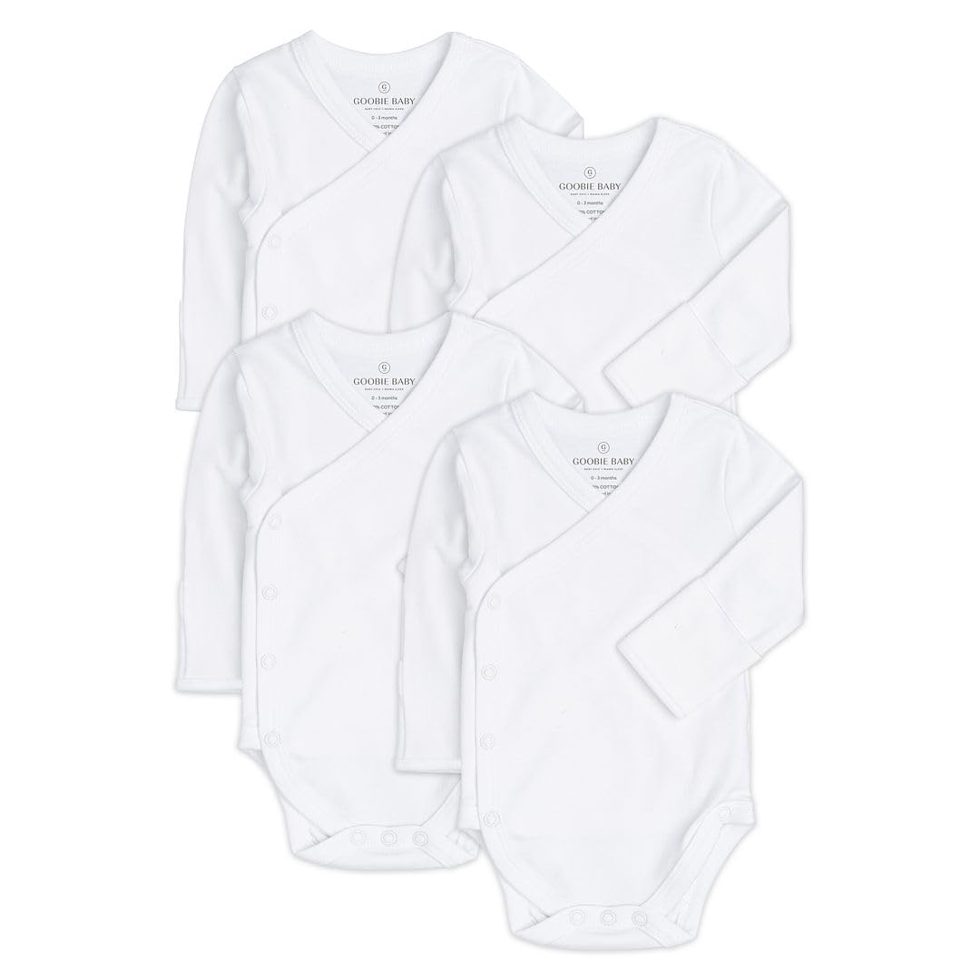 Baby Side Snap Bodysuit Set, Long Sleeve Cotton Boy Girl Kimono Onesie, 4 Pack - White-Long Sleeve, 6-12 Months