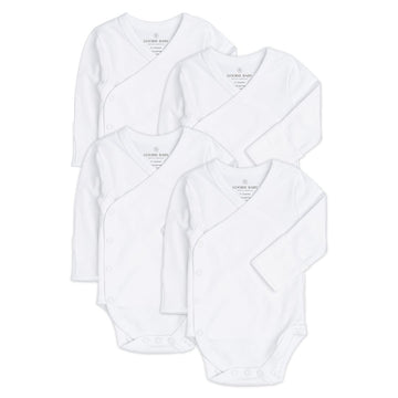 Baby Side Snap Bodysuit Set, Long Sleeve Cotton Boy Girl Kimono Onesie, 4 Pack - White-Long Sleeve, 6-12 Months