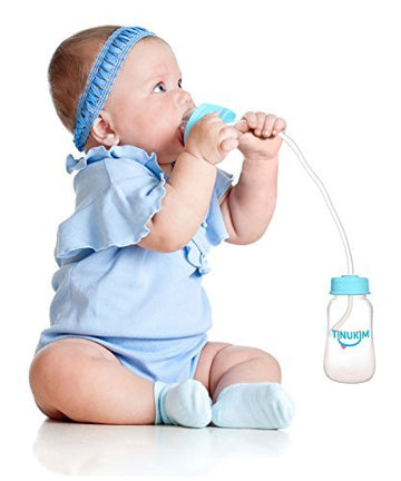 Tinukim Ifeed 4 Ounce Self Feeding Baby Bottle With Tube - Handless Anti-Colic Nursing System, Blue - 2-Pack