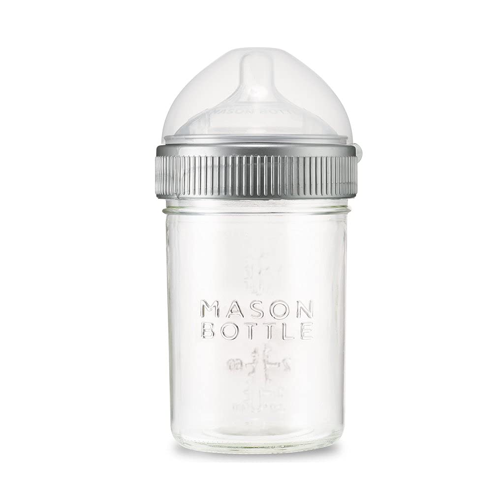 Mason Bottle 8Oz Baby Glass Bottle With Breast Like Slow Flow Nipple, Cap+Ring - Bpa Free, Non Toxic, Anti Colic Glass Baby Bott