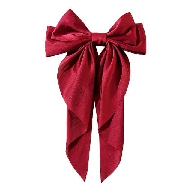 Red Silky Bow Hair Barrettes Jumbo Bow Clip With Tails Hair Clip For Woman Girls Satin Large Hair Slides French Barrette Long Ta