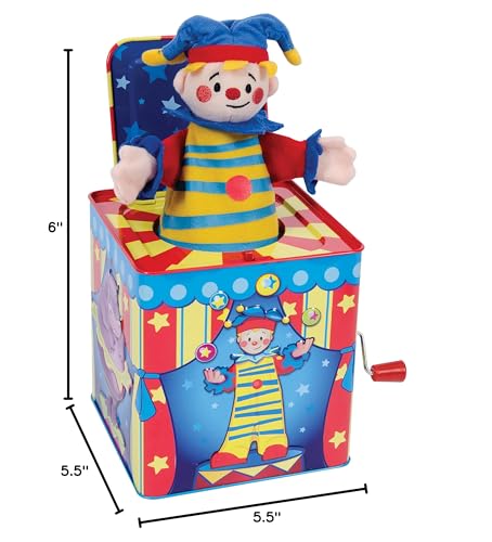 Schylling Silly Circus Jack in the Box - Classic Childrens Musical Toy - Colorful Embossed Tin Box and Friendly Plush - Age 18