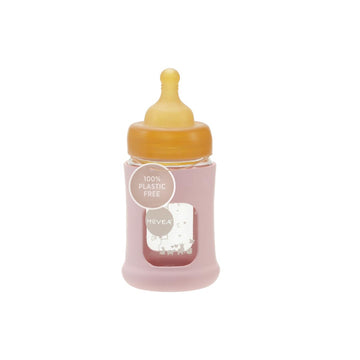 Hevea Plastic-Free Wide Neck Glass Baby Bottle With Powder Pink Sleeve - Slow Flow Anti Colic Baby Bottles Newborn 0+ Months - B