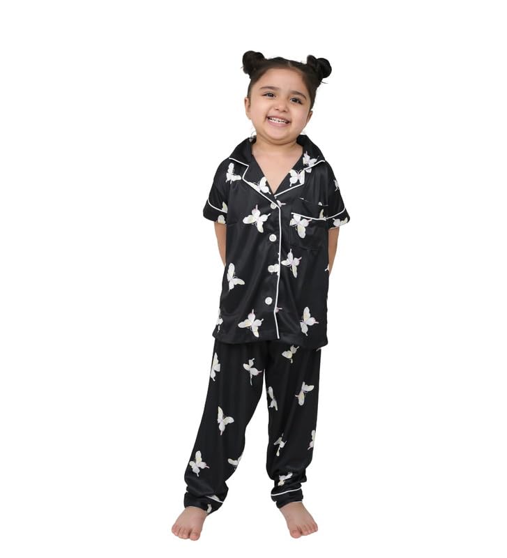 Girls Silk Bleand Printed Short Sleeve Pajamas Set (Black, 89 Yrs)57688