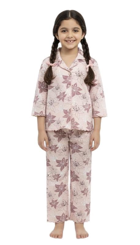 Ingrid Girls Cotton Night Suit | Floral Printed ButtonDown Top & Pajama Set | Soft & Breathable Kids Sleepwear
