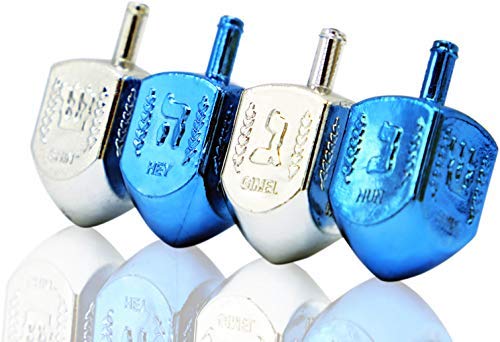 The Dreidel Company Metallic Silver & Blue Hanukkah Dreidels With English Translation- Includes Detailed 10 Game Instruction Car